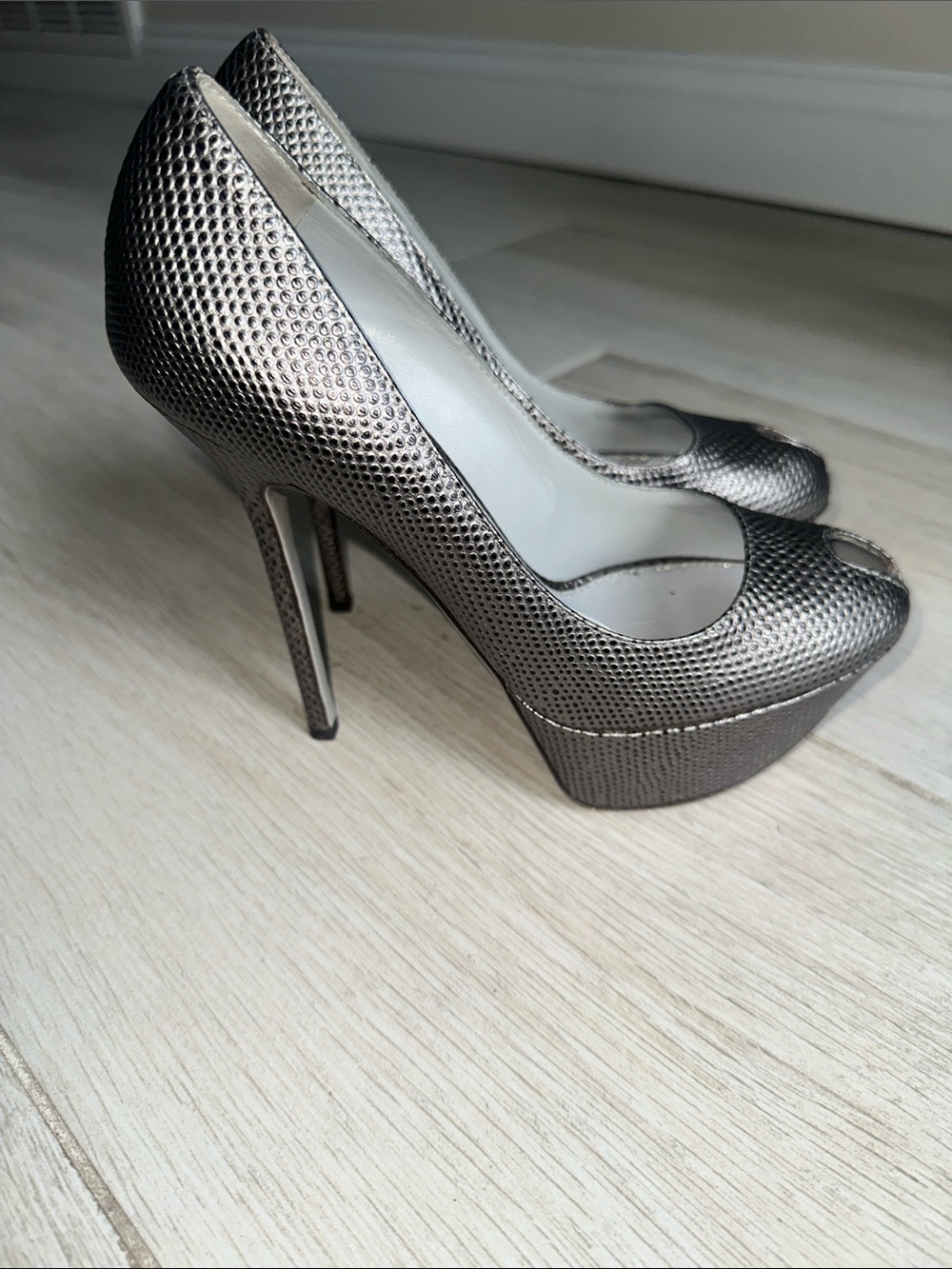Sergio Rossi Metallic Gunmetal Peep-Toe Platform Stilettos worn 2x sexy!!